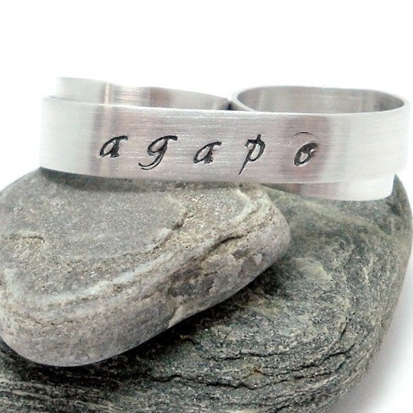 Agape Two Finger Ring - Custom Stamped Double Ring - Silver