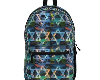 Backpack with a beautiful collage print - the Star of David (Magen David) blends winter/spring/autumn nature (snow/trees/streams/waterfalls)