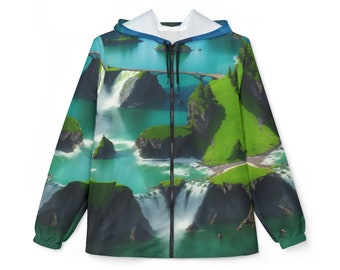 Windbreaker Zipper Jacket (AOP) with a nice print of the Star of David combined with a green nature (stream, trees, waterfalls and a bridge)