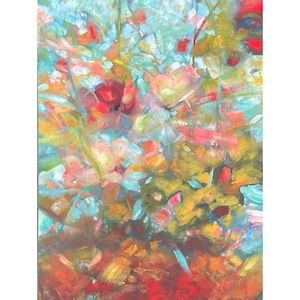 Garden Light,  large original abstract impressionist painting on board-mounted canvas, 16” x 38.3” art for home