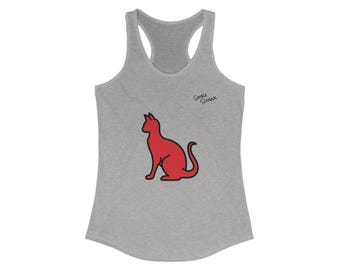 May include: Gray tank top with a red cat silhouette and the text "Saura Swank" in black.