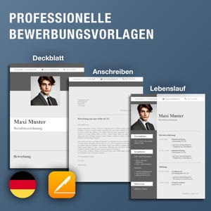 May include: An image showcasing three professional resume templates in grey tones, each featuring a photo of a person in a suit. The text includes "PROFESSIONELLE BEWERBUNGSVORLAGEN", "Deckblatt", "Anschreiben", and "Lebenslauf".