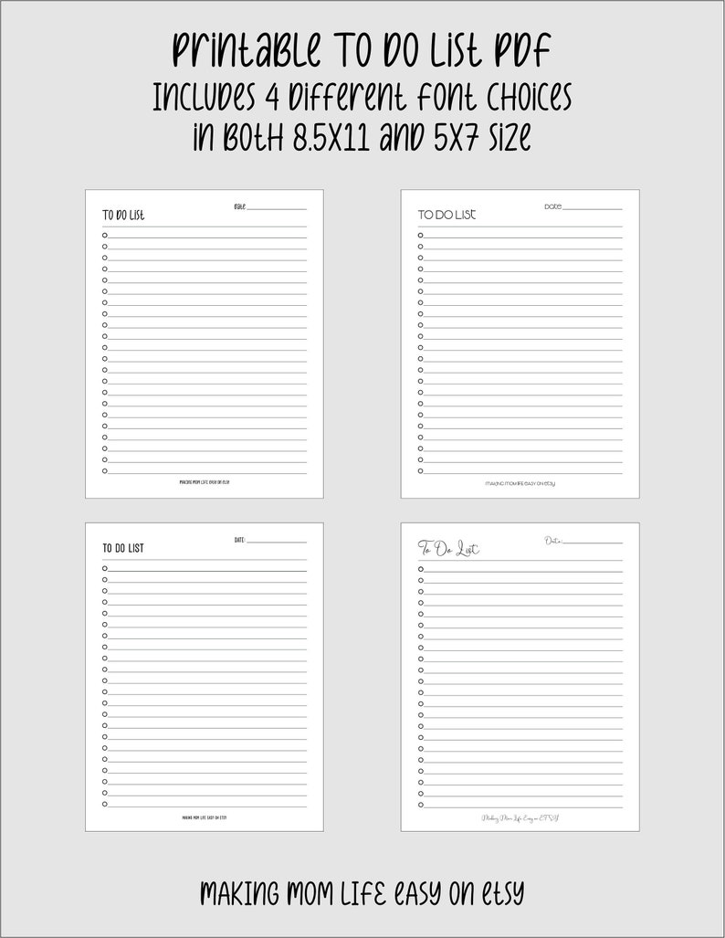 To Do List | Printable PDF Instant Download | 4 Font Choices Included ...