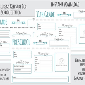 May include: A printable set of 15 pages for a keepsake box for school children. The pages are designed for preschool through 12th grade. The pages include sections for "About Me", "Favorites", and a place for a school picture. The pages are in a landscape orientation and are designed to fit in hanging folders.