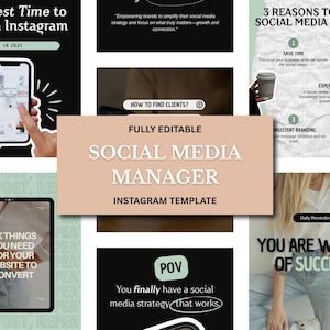 以下が含まれることがあります： The Best Time to Post on Instagram in 2025、3 Reasons to Hire a Social Media Manager、You Are Worthy of Successなどのテキストオーバーレイを備えた、さまざまなレイアウトのソーシャルメディアマーケティング用デジタルテンプレートのコレクション。