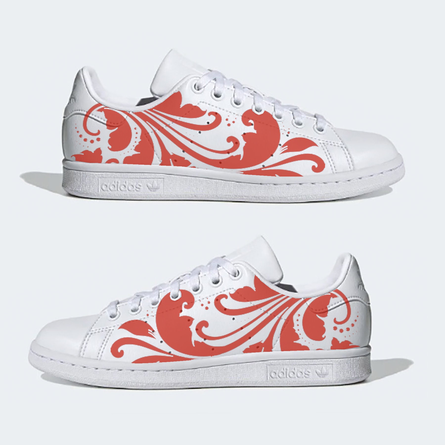 Adidas Stan Smith Filigree Scrollwork Tattoo Tribal Design Hand Painted Vegan Leather Sneakers Shoes Customized Custom Tennis Shoes