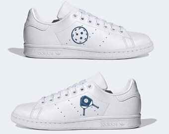 Adidas Stan Smith Tennis Shoes Sneakers Vegan Leather, Pickleball, Logo, Court, Cloud White, Pickle Ball, Sports Team, Paddles, Hand Painted