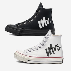 Chuck Taylor Converse Unisex Wedding Mr Mrs Shoes Date Painted Hi Top Sneakers White Black Cursive Monogram Letters Party His Hers Gift