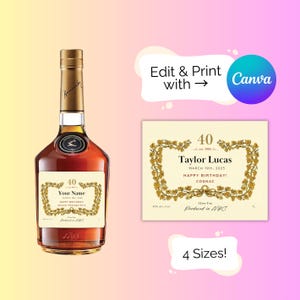 Etiquetas personalizadas para botellas de coñac: 4 tamaños de etiquetas, ideales para cumpleaños, despedidas de soltero y soltera, bodas y mucho más.