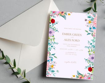Boho Purple Wedding Invitation Template | Floral Editable Canva Invite | Printable Wedding Stationery Digital Download PDF