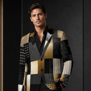 May include: A blazer featuring a patchwork design of black, gold, and grey panels with varied patterns including dots, stripes, and solid blocks. The garment has a notched lapel, two front buttons, and long sleeves, paired with black trousers and shoes.