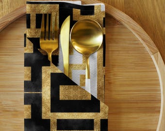 Gold Greek Key Cloth Napkins – Black White Polyester, Set of 4