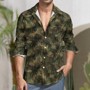 Men’s Camo Palm Long Sleeve Shirt, Tropical Camouflage Button Up, Lightweight Casual Shirt, Military Green Streetwear Top