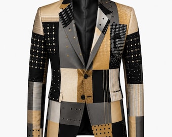Geometric Black Gold Men's Casual Blazer / Luxury Patchwork Sports Coat / Designer Single Breasted Jacket / Statement Fashion Outerwear