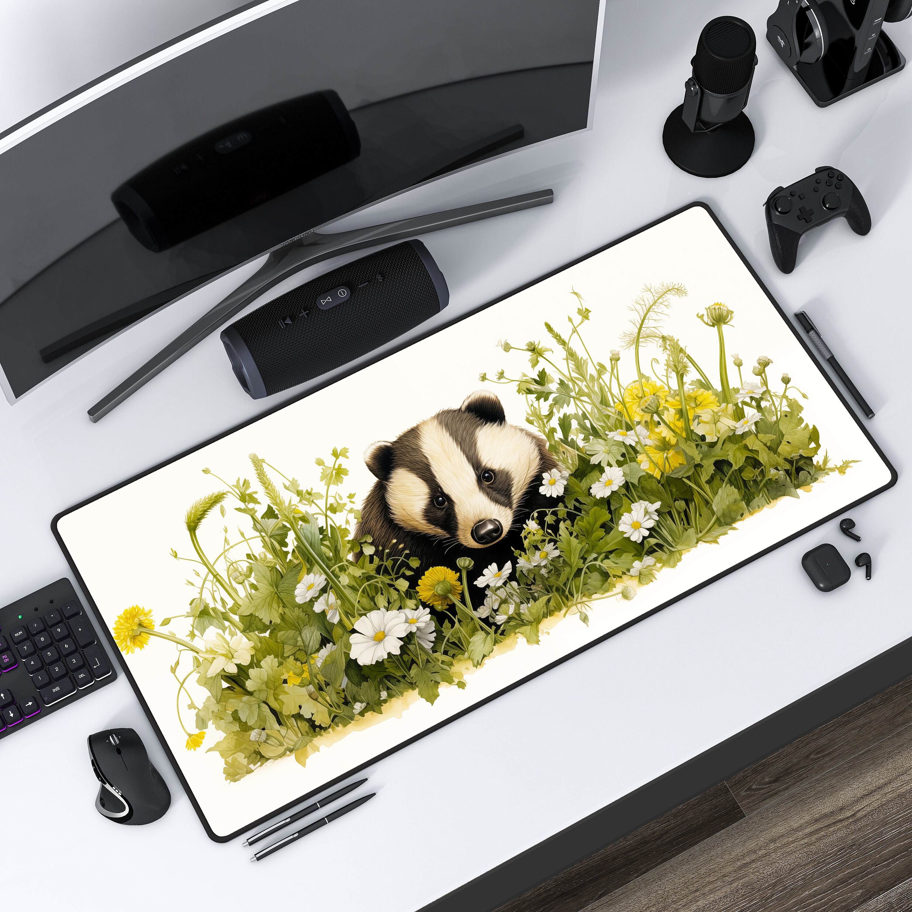 Cottage Core Badger. Large Desk Mat. Extended Mousepad. Cute Office Decor and Workspace Accessory. Perfect Gift for Animal Lovers.
