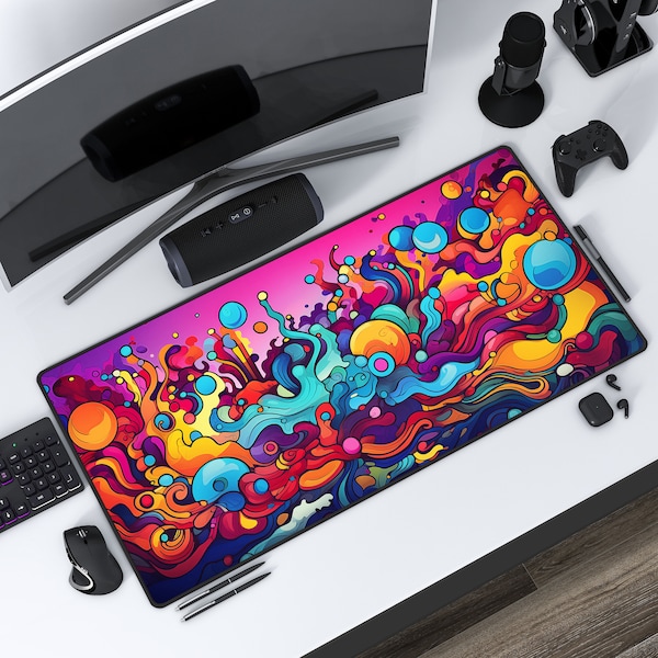 Trendy Psychedelic Desk Mat , Funky 70s Retro Style , Rainbow Workspace , Large Mouse Pad, Keyboard Mat, Groovy Office Decor, Extra Large