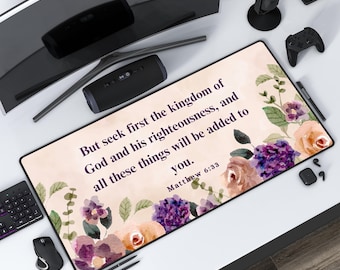 Mateo 6:33 - Tapete de escritorio, tapete para teclado, bloc de citas bíblicas. Decoración religiosa para escritorio, tapete grande para ratón. Protector de escritorio. Regalo único para cristianos.