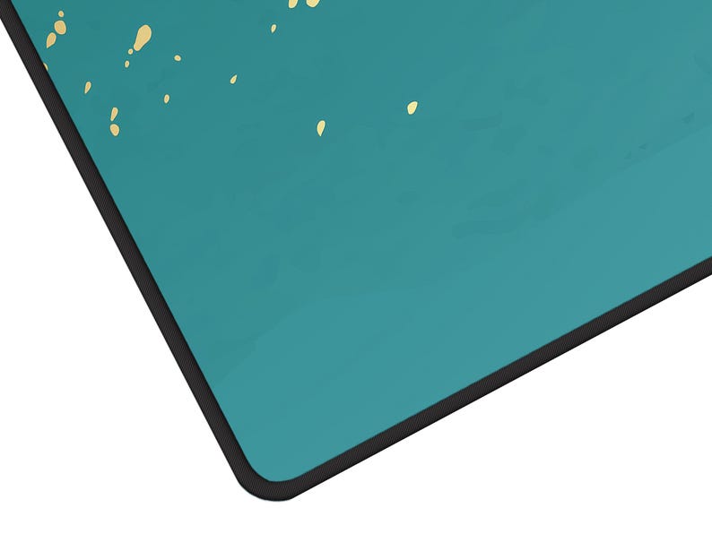May include: A teal blue background with a black border. The background has a subtle speckled pattern of small gold dots.