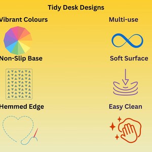 May include: A graphic illustration of features for tidy desk designs. The features include vibrant colors, multi-use, non-slip base, soft surface, hemmed edge, and easy clean.