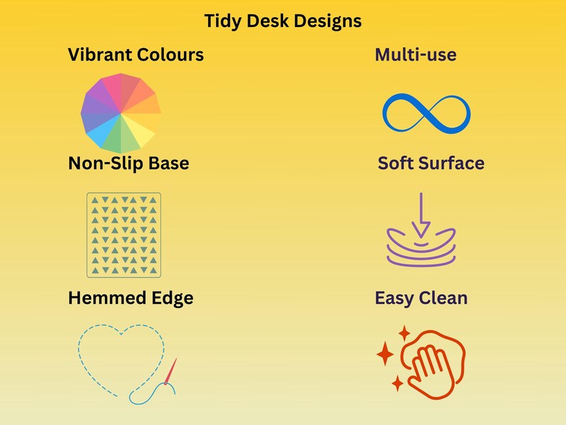 May include: A graphic illustration of features for tidy desk designs. The features include vibrant colors, multi-use, non-slip base, soft surface, hemmed edge, and easy clean.