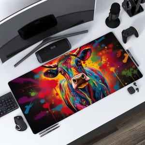 Könnte beinhalten: Eine farbenfrohe abstrakte Kuh mit Farbspritzern auf schwarzem Hintergrund. Die Kuh ist ein lebendiger Mix aus Rot, Orange, Gelb, Grün, Blau und Lila. Dies ist ein farbenfrohes Design für eine Mausmatte.