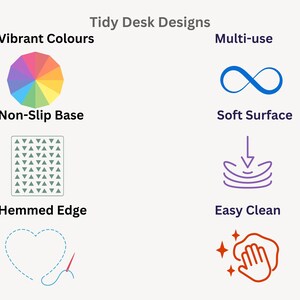 May include: Tidy Desk Designs features a vibrant color wheel, a multi-use infinity symbol, a non-slip base with a pattern of triangles, a soft surface with a downward arrow, a hemmed edge with a heart shape, and an easy clean icon with a hand and stars.