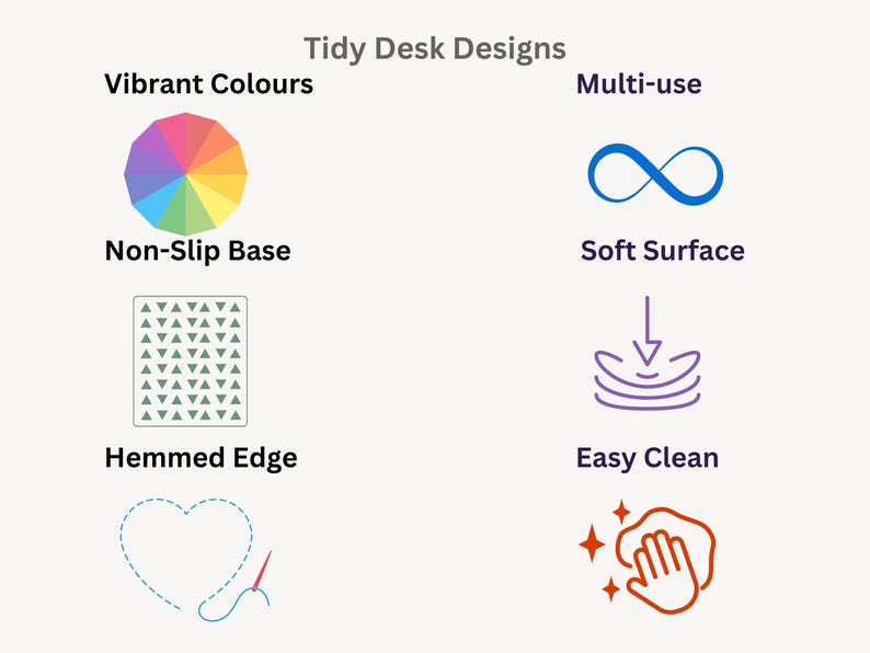 May include: Tidy Desk Designs features a vibrant color wheel, a multi-use infinity symbol, a non-slip base with a pattern of triangles, a soft surface with a downward arrow, a hemmed edge with a heart shape, and an easy clean icon with a hand and stars.