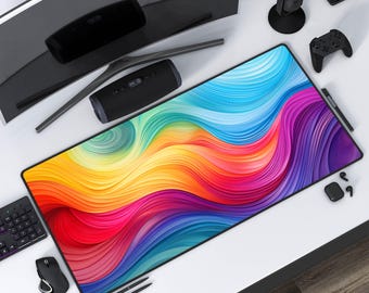 Rainbow Wave Desk Mat: XL Neoprene Mousepad, Gaming & WFH