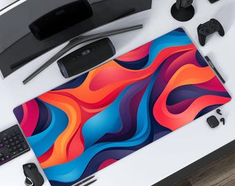 Blue Red Swirls XL Desk Mat: Funky Office Decor