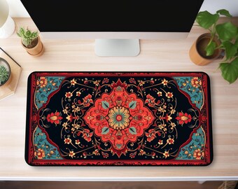 May include: A black and red patterned mousepad with a floral design. The design features a large central flower with intricate details and smaller flowers surrounding it.