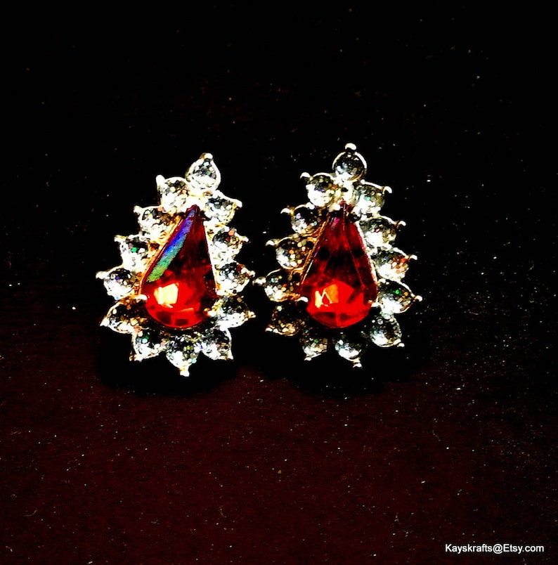 Ruby Red and Clear Rhinestone Stud Earrings Vintage Red | Etsy