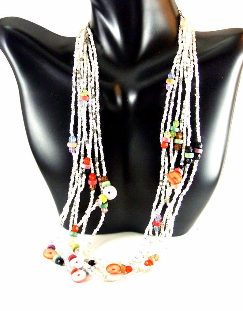 Seed Bead Necklace and Bracelet Set Vintage Jewelry Set White Seed Bead Multi Strand Necklace and Bracelet Jewelry Set