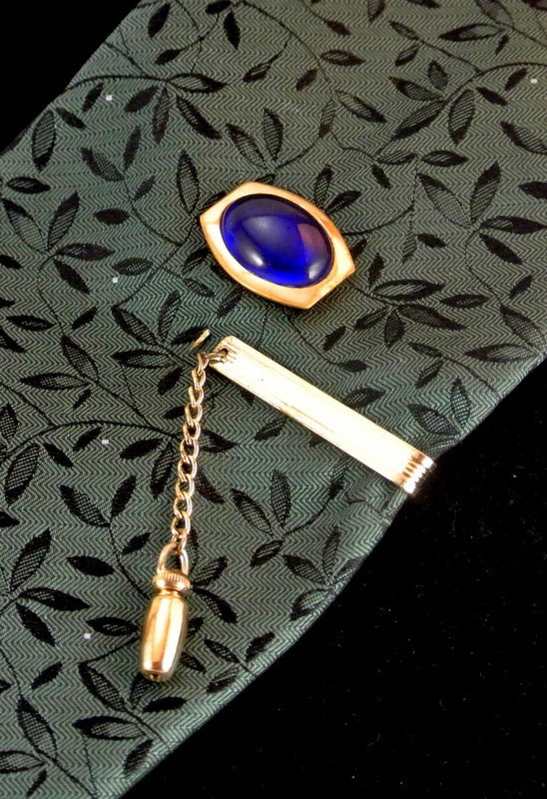 Hickok Blue Glass Cabachon Tie Tack Tie Bar Gold Tone Tie Bar Vintage Tie Tack Blue Glass Gold Tone Tie Bar