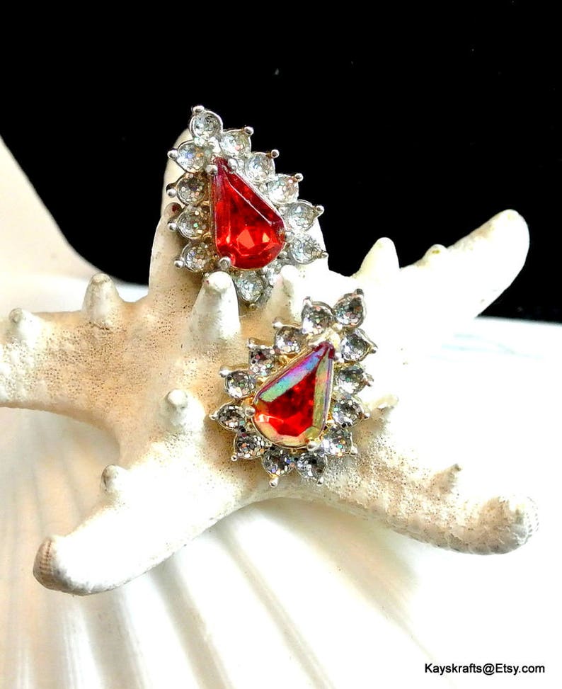 Ruby Red and Clear Rhinestone Stud Earrings Vintage Red | Etsy