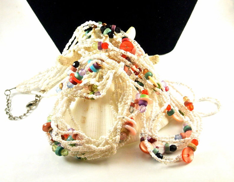 Seed Bead Necklace and Bracelet Set Vintage Jewelry Set White Seed Bead Multi Strand Necklace and Bracelet Jewelry Set