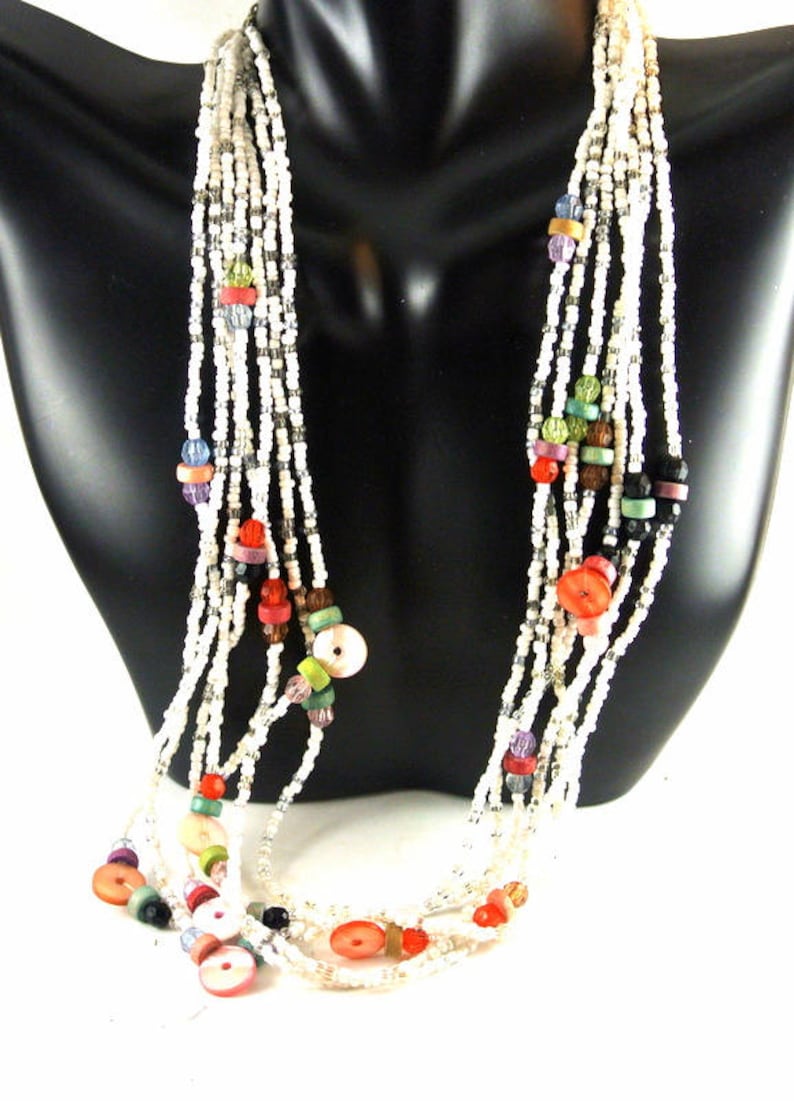 Seed Bead Necklace and Bracelet Set Vintage Jewelry Set White Seed Bead Multi Strand Necklace and Bracelet Jewelry Set