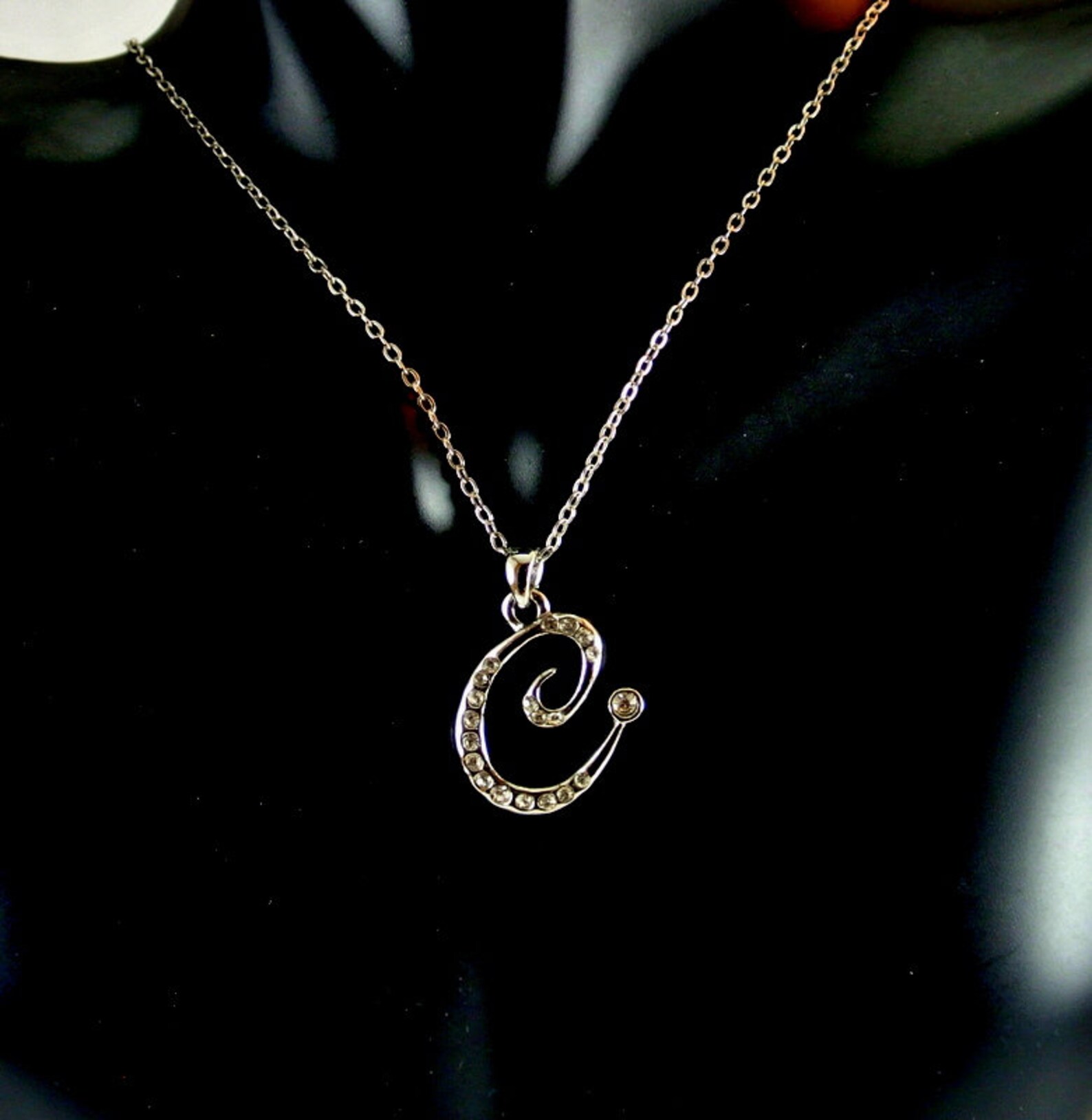 Initial C Silver Tone Rhinestone Pendant Necklace Etsy