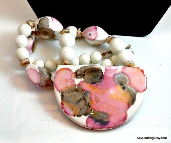 Chunky Metal and Porcelain Bead Necklace made in Japan