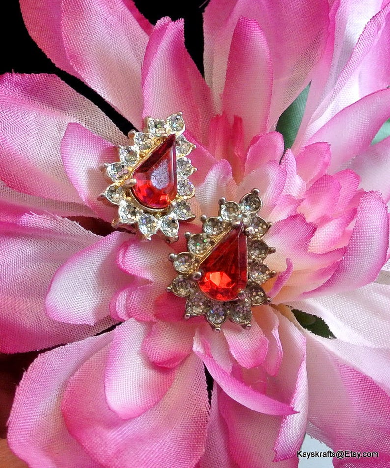 Ruby Red and Clear Rhinestone Stud Earrings Vintage Red | Etsy