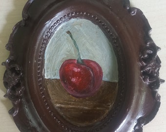 Pintura al óleo original de cerezo sobre marco pequeño. Pintura al óleo de naturaleza muerta sobre marco