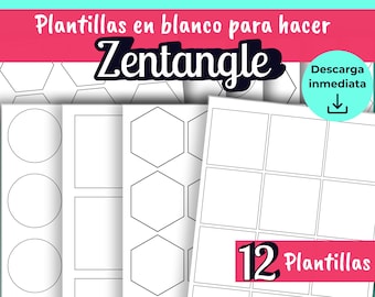 Puede incluir: Doce plantillas de Zentangle imprimibles en blanco y negro. Las plantillas incluyen círculos, cuadrados y hexágonos. El texto "12 Plantillas" está en la esquina inferior derecha de la imagen.