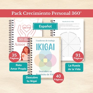 Pack desarrollo personal español: Reto amor propio, Rueda de la vida e Ikigai | Paquete imprimible español | Cuadernos de trabajo | A4