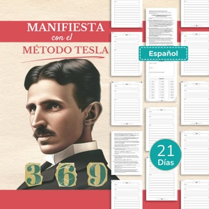 Może przedstawiać: Cyfrowy plik do pobrania do wydrukowania 21-dniowego dziennika zatytułowanego "Manifiesta con el Método Tesla" z portretem Nikoli Tesli. Dziennik jest w języku hiszpańskim.