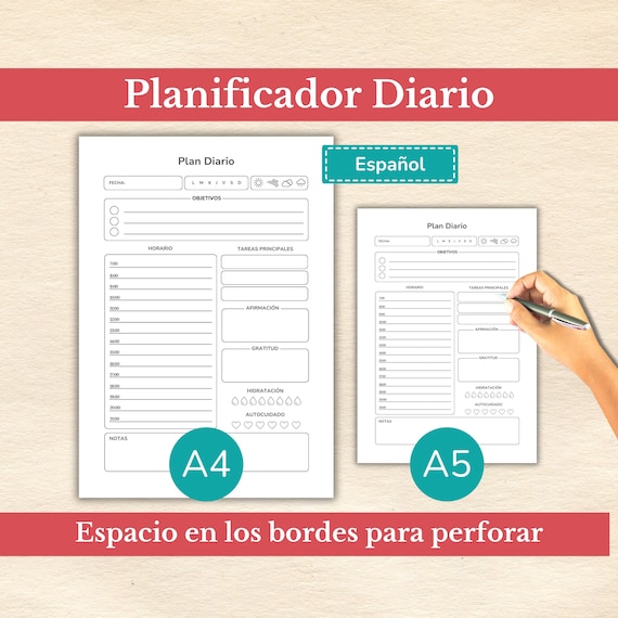 Plantilla Planificador diario imprimible español | Planificador de objetivos | Plantilla Productividad Español | Plantilla programa diario