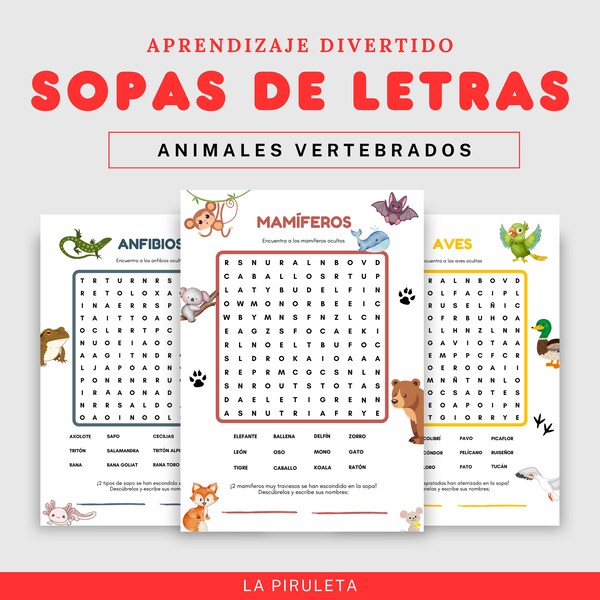 Word search for children, Animals, Play, Vocabulary, Spanish, Spanish, Learning is fun, Digital, Printable, Learn at home