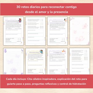 May include: A printable workbook with 30 daily challenges to reconnect with yourself. The workbook features a colourful design with butterflies and flowers. The text on the cover reads "30 retos diarios para reconectar contigo desde el amor y la presencia".