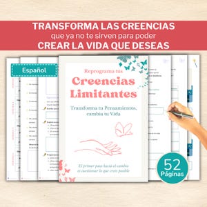 Könnte beinhalten: Ein druckbares Arbeitsbuch mit einem rosa Schmetterling und dem Text "Reprograma tus Creencias Limitantes" auf Spanisch. Das Arbeitsbuch trägt den Titel "Transforma las Creencias que ya no te sirven para poder crear la vida que deseas" und umfasst 52 Seiten.