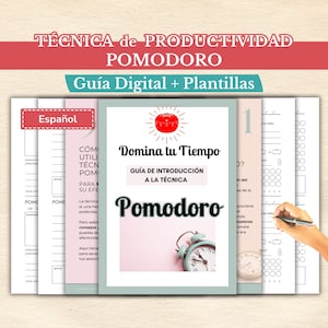 Puede incluir: Una guía digital y plantillas imprimibles para la Técnica Pomodoro, un método de gestión del tiempo. La guía está en español y presenta un tomate rojo, un reloj y el texto "Domina tu Tiempo".