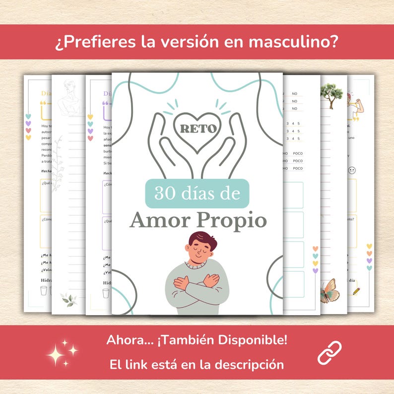 May include: A printable 30-day self-love challenge with the text "RETO 30 d&iacute;as de Amor Propio" in a light blue and grey colour scheme. The image features a heart with the word "RETO" inside, two hands holding the heart, and a cartoon person with their arms crossed.