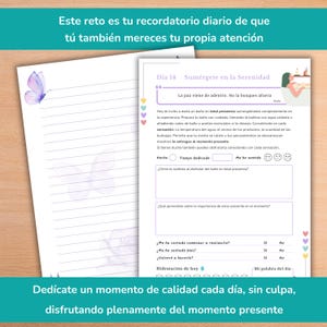 May include: A printable self-care journal page with the title "Sum&eacute;rgete en la Serenidad" and the text "La paz viene de adentro. No la busques afuera."  The page includes prompts for reflection and self-care activities, such as taking a bath and connecting with your senses.